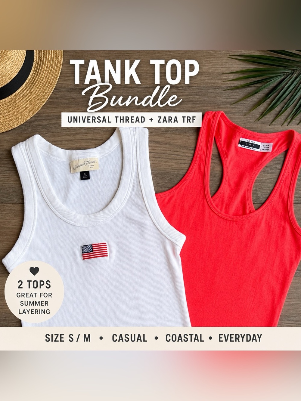 Coastal Americana Tank Bundle Ribbed Flag Tank Neon Coral Racerback Tops Sz S